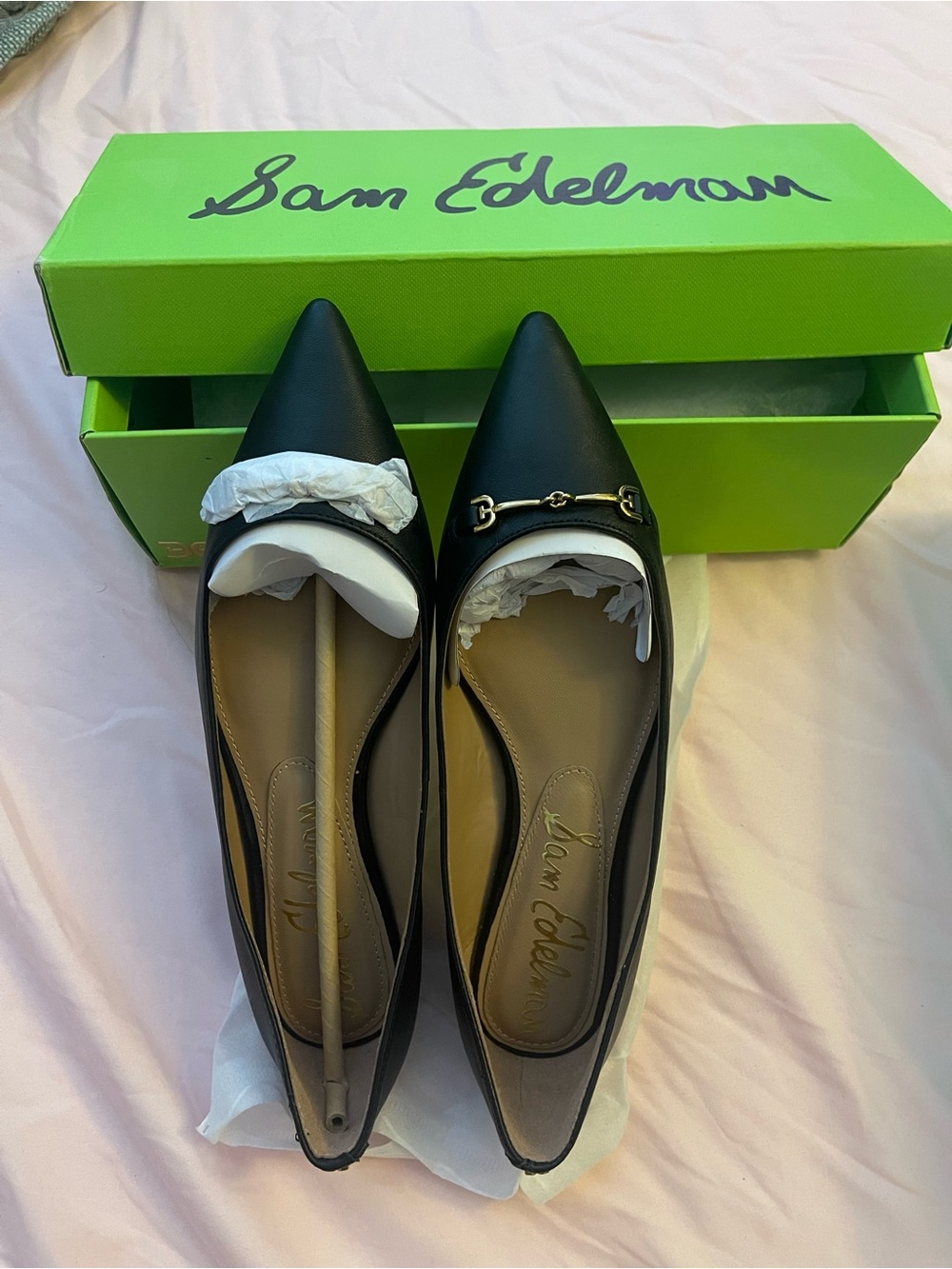 Sam Edelman Black Pointed Toe Flats with Gold Bit Accent